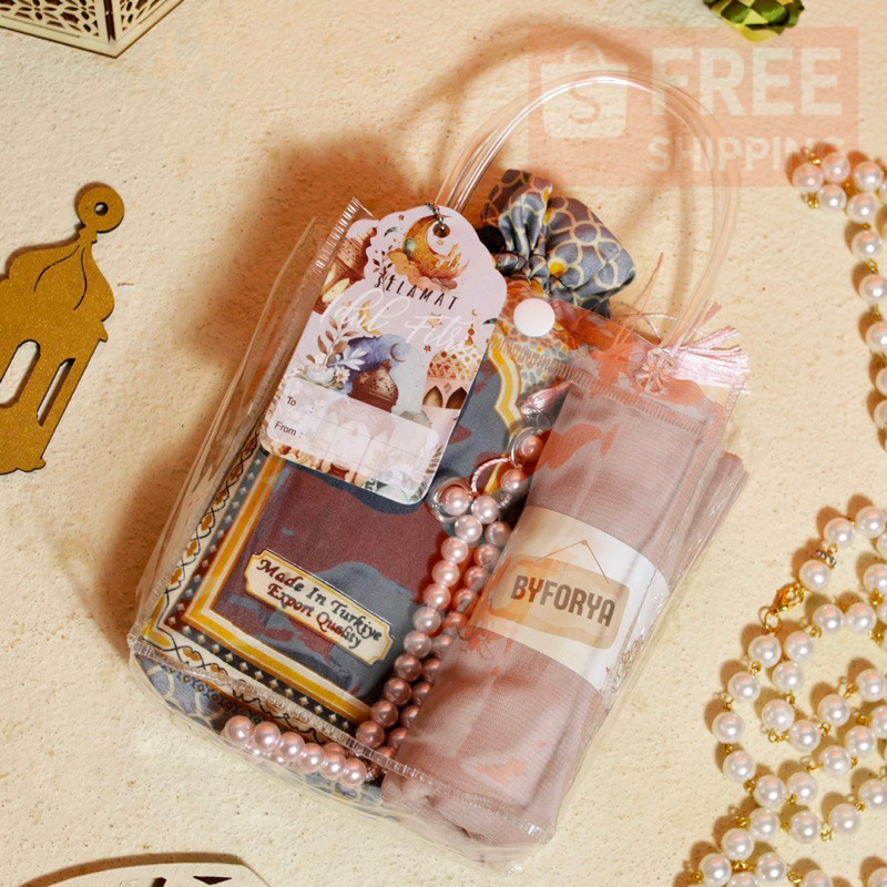 BYFORYA - HAMPERS HIJAB SAJADAH TASBIH SCRUNCHIE DENGAN TAS MIKA MEWAH / Bingkisan Elegan Keluarga k