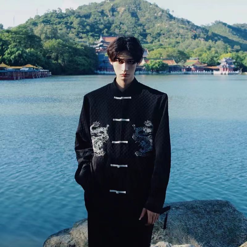 2-Set jaket kemeja bordir kancing naga gaya Cina baru, jas pria Zhongshan Tang