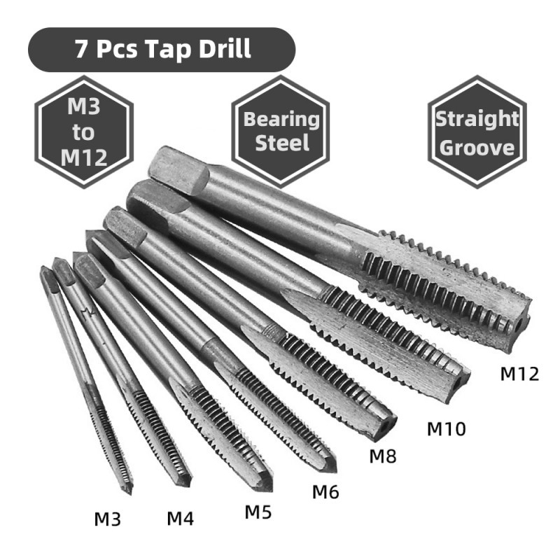 7psc Hand Tap Set M3-M12 Tap Tangan Metrik Mata Bor Tap Die Set Alat Tap Set Senai