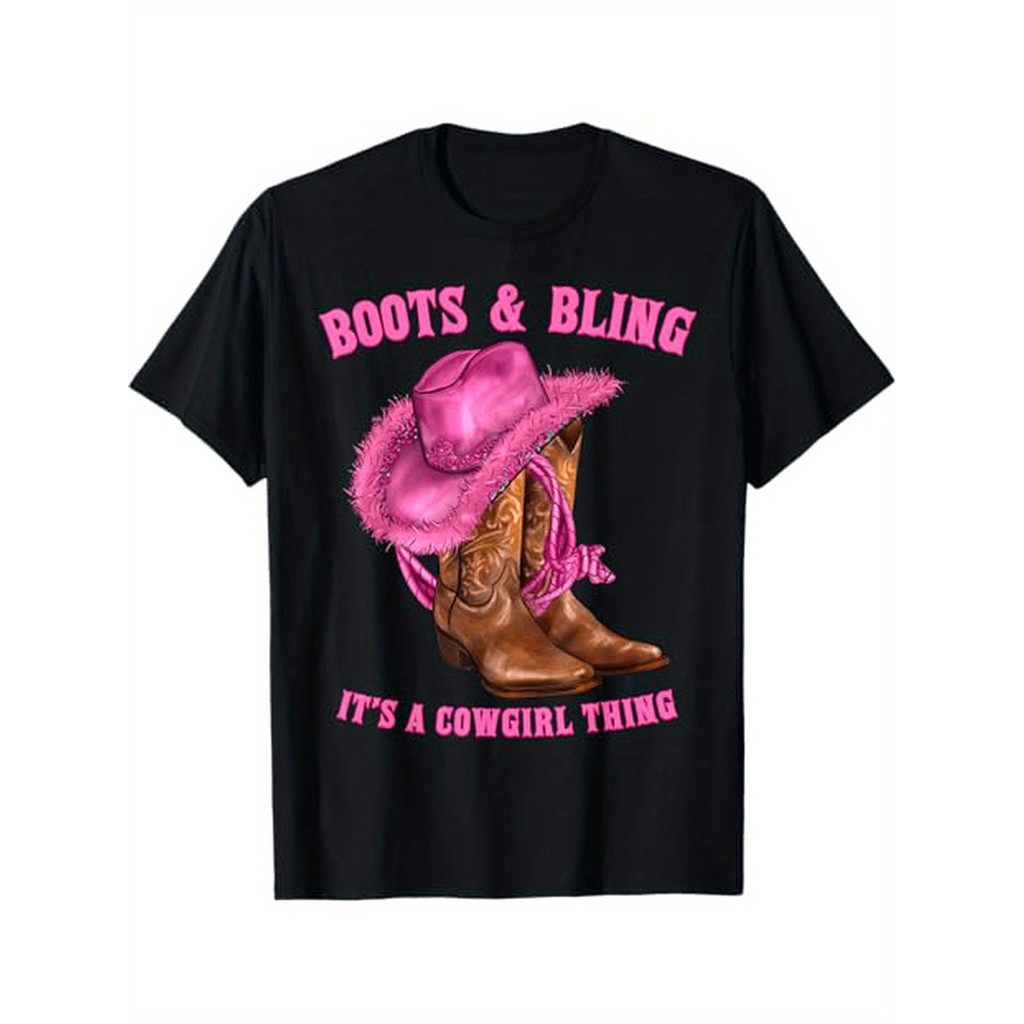 Kaos Wanita Rodeo Koboi - Katun Lembut, Desain Topi & Sepatu Boot Pink