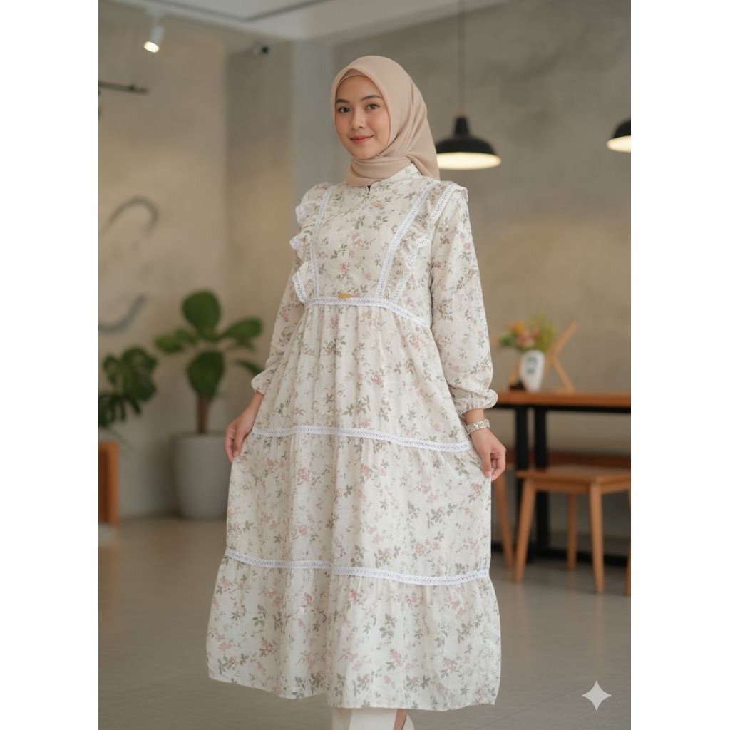 JAMIN MURAH Yonita dress//gamis MIDI lebaran 2026 bahan katun Katbol mix renda brukat model terbaru 
