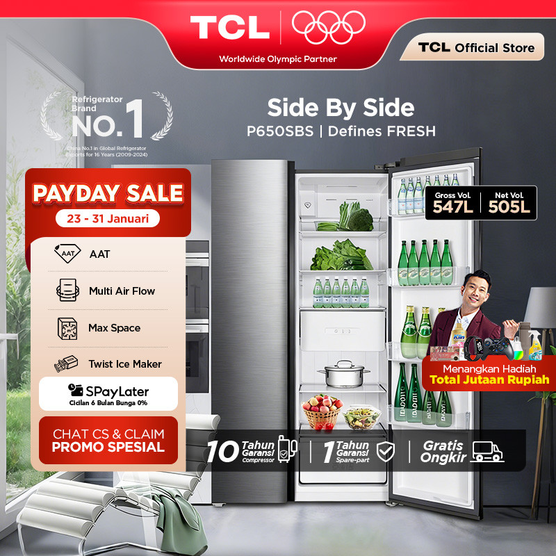 TCL Kulkas 2 Pintu Side by Side – Kapasitas 547L - Metal Gray - Inverter - Lemari Es - P650SBS