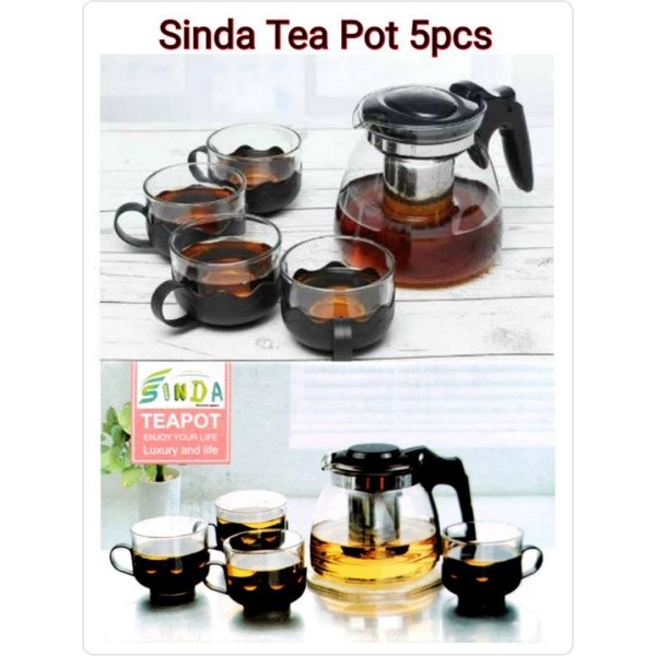Sinda Tea Pot Hitam Cangkir Teko Teh Saringan Set 5pcs