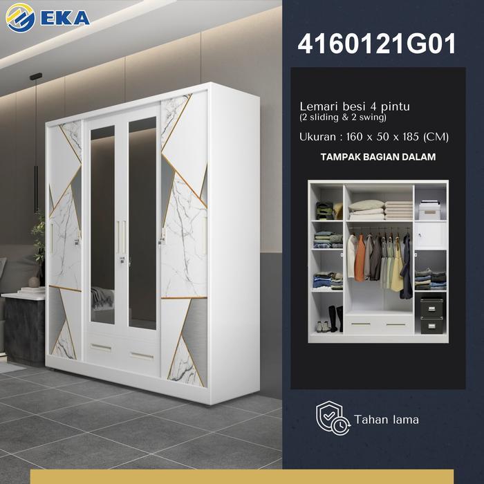 PROMO GASPOLL EKA Lemari Pakaian Besi 160cm 4 Pintu Sliding Jumbo+1 Batang Rak Baju+2 Laci Cermin Mi