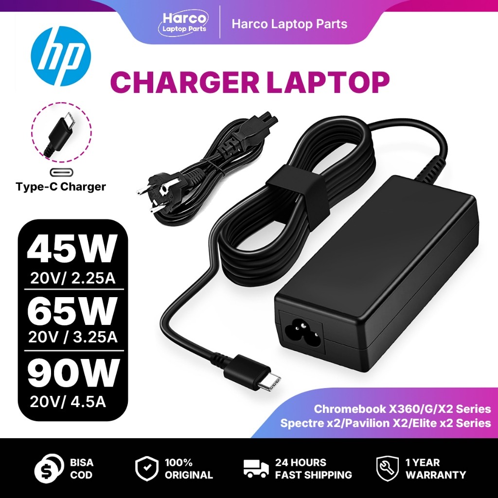 RoomByte Original Adaptor Charger Laptop HP TYPE-C Port 20V 45/65W/90W Untuk HP Chromebook/EliteBook