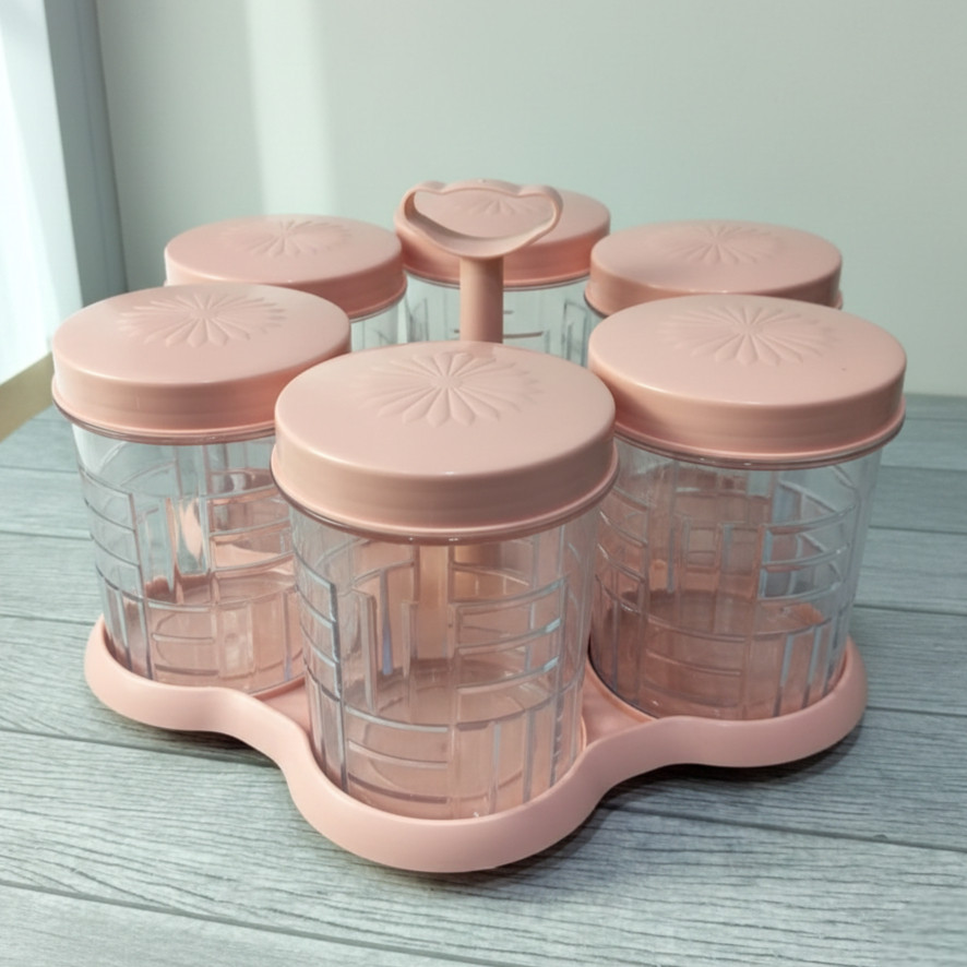 Promo Toples 6 Set dengan Nampan Putar Toples Kue Lebaran 1 Liter Warna Pink Ivory Hijau Sage Tosca 