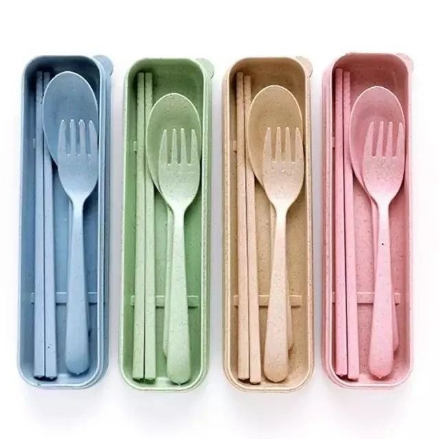 MINIO WARNA RANDOM JERAMI GANDUM SENDOK GARPU SUMPIT PORTABLE SET / ALAT MAKAN BAHAN ALAMI JERAMI GA