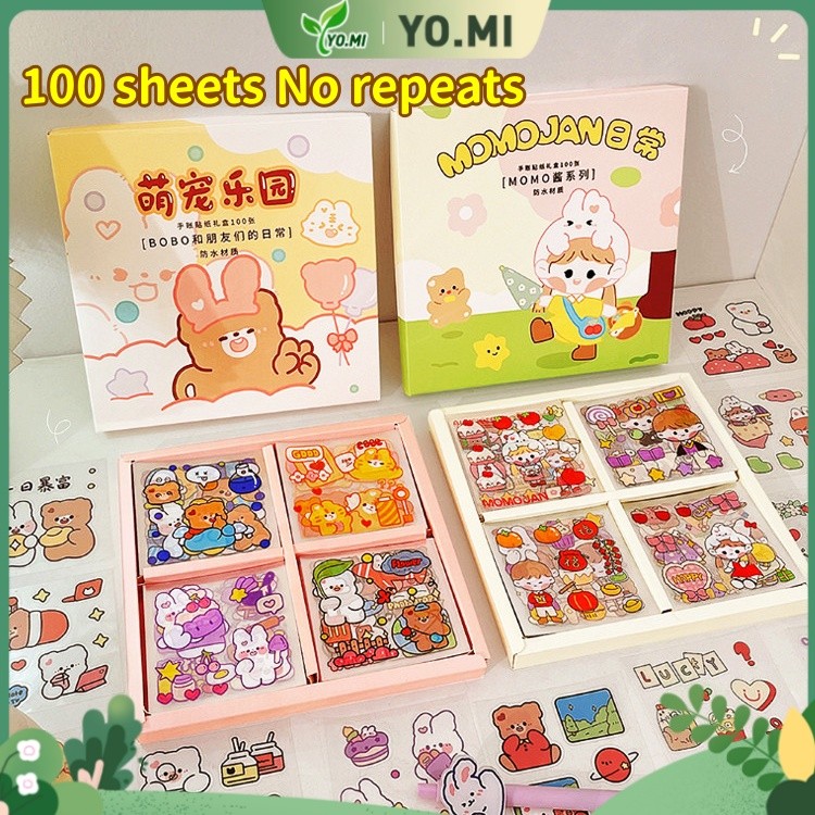 100 Lembar Stiker Jurnal Hampers Beruang Kelinci Kartun Lucu Tanpa Ulang, Stiker Material DIY, Stike