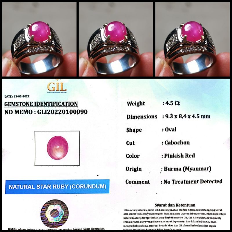 CINCIN BATU RUBY BURMA STAR FATKWA DUPER MULUS  INCLUDE MEMO