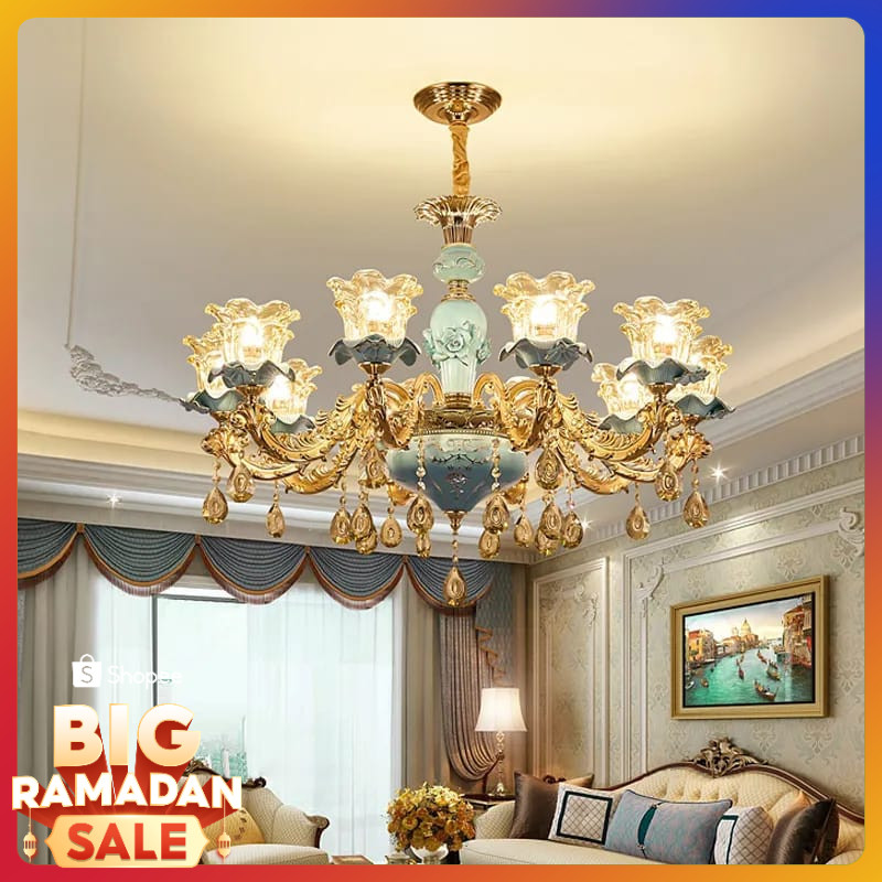 COD & READY STOK LAMPU HIAS GANTUNG KRISTAL BUNGA MEWAH / LAMPU RUANG TAMU MEWAH