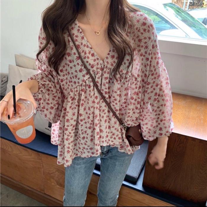 [DAISY]Blouse wanita bunga lengan panjang hijab muslim pantai Atasan Baju - Hitam, L