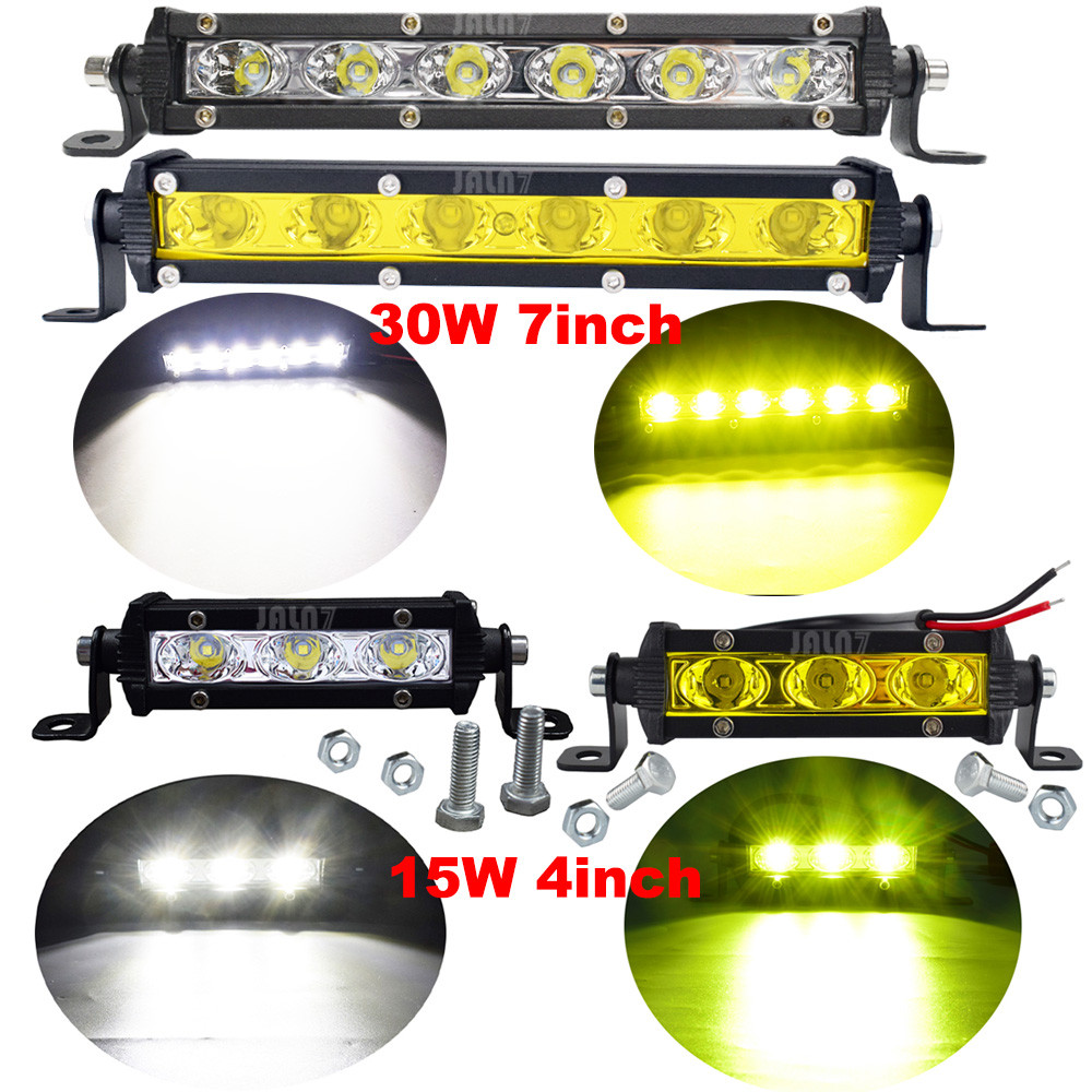Lampu LED Bar 4''/7'' MOTO 15W/30W untuk Mobil, Lampu Sorot Kerja Baris Tunggal, Lampu LED Mini untu