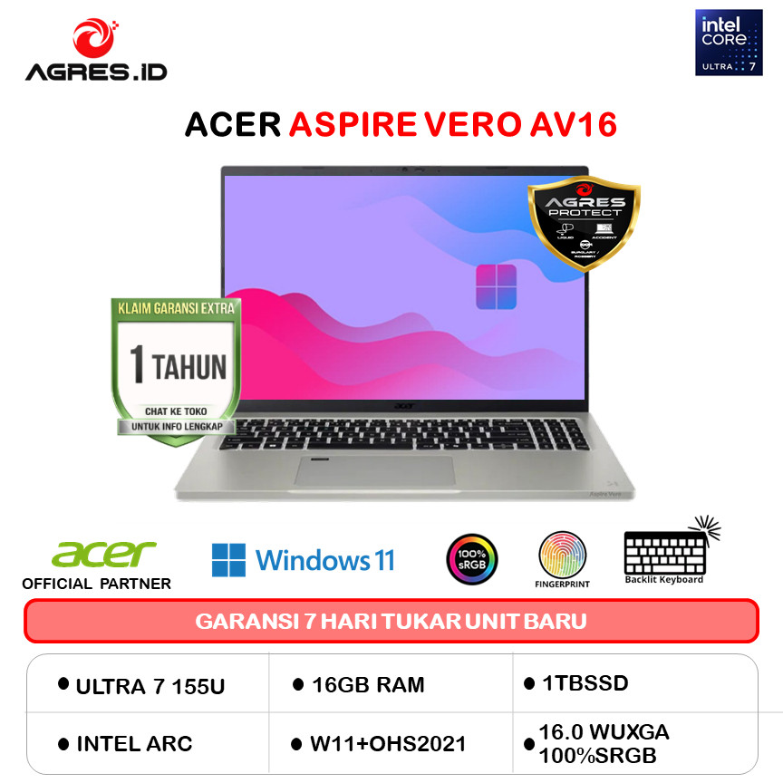 ACER ASPIRE VERO AV16 ULTRA 7 155U 16GB 1TB W11+OHS 16.0WUXGA 100SRGB BLIT FP EVO GRY -51P.735D