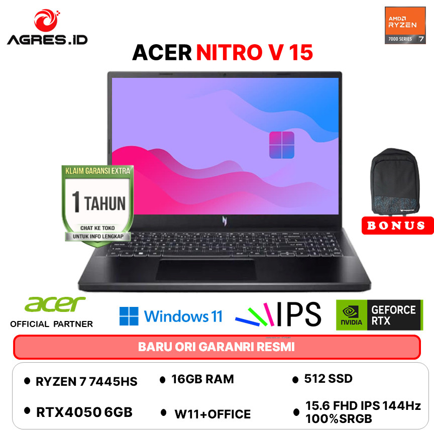 ACER NITRO V 15 RYZEN 7 7445HS RTX4050 6GB - RAM16GB 512GB W11+OHS 15.6FHD 180HZ 100SRGB -42.R60U