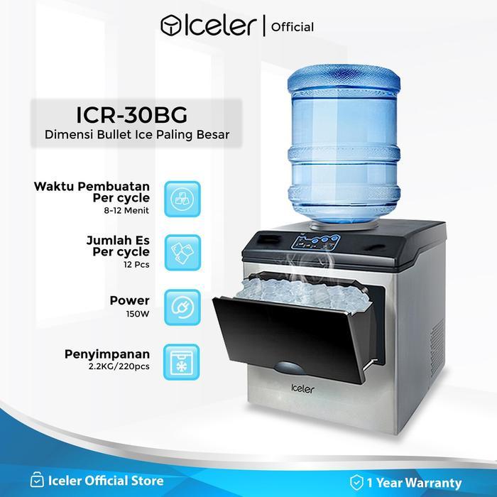 Iceler Mesin Es Batu Kristal Ice Maker 30kg/24Jam Terbaik untuk Cafe Rumahan - Bullet Ice ICR-30BG, 