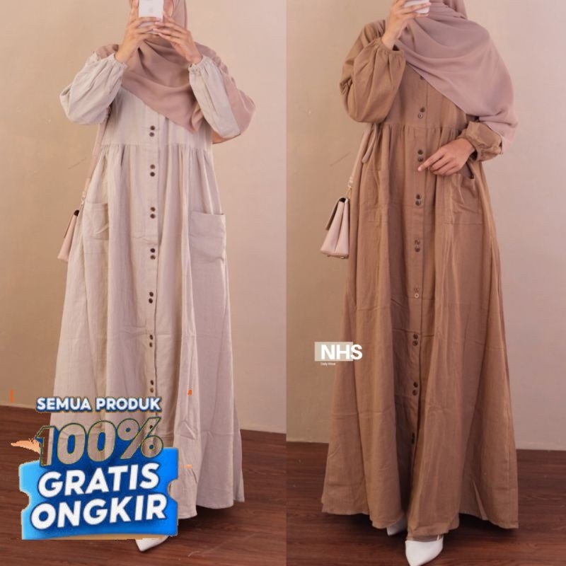 Cassandra Gamis Dress Linen Crincle- pakaian wanita lainnya