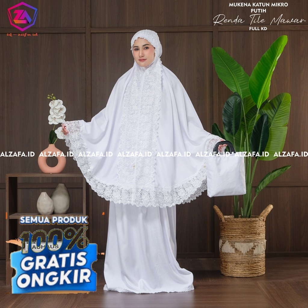 Mukena Dewasa Jumbo Katun Putih Brokenwhite Renda Bunga Mawar Bunga Melati Motif Renda KD Full- paka