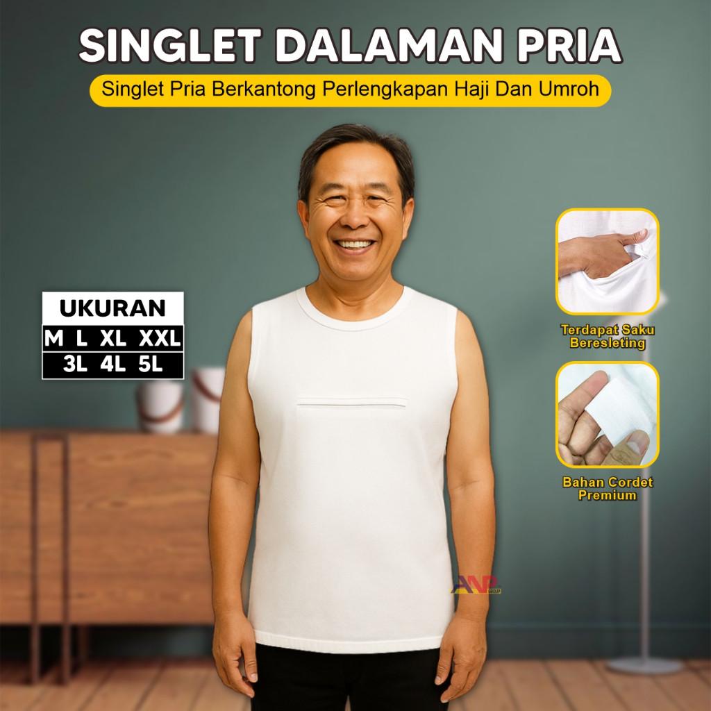 VIRAL - Singlet Umroh Dalaman Pria Berkantong Depan Perlengkapan Haji dan Umroh / Kaos Pria Tanpa Le