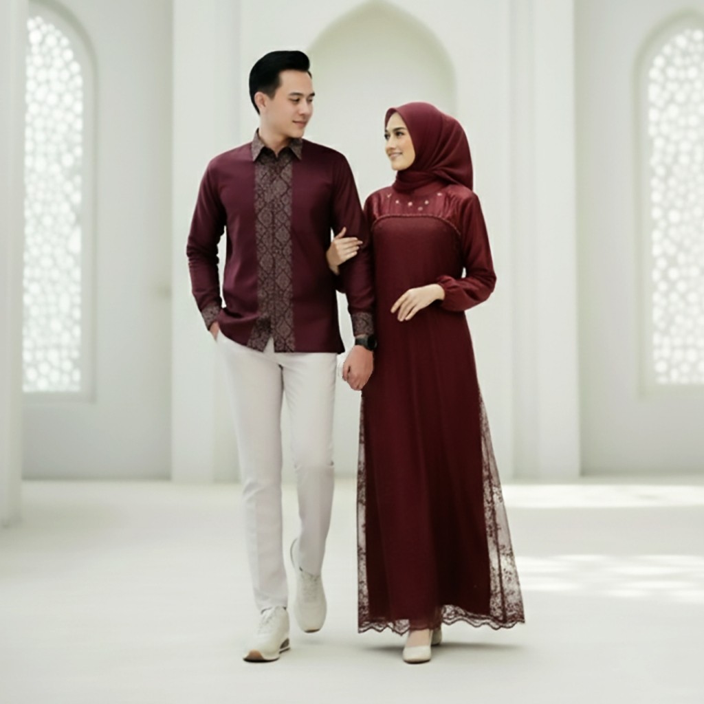 Baju Lebaran Batik Couple Termurah - Gamis Couple Mikayla Dress Maxmara Polos Full Payet Sulam Handm