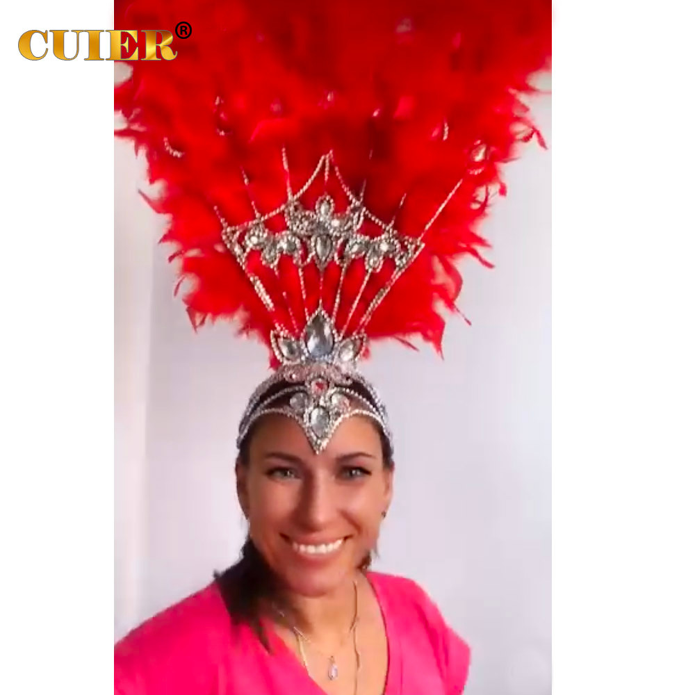 CUIER Passionate red feather headpiece for women Festival hair Accessories huge size rhinestone Head