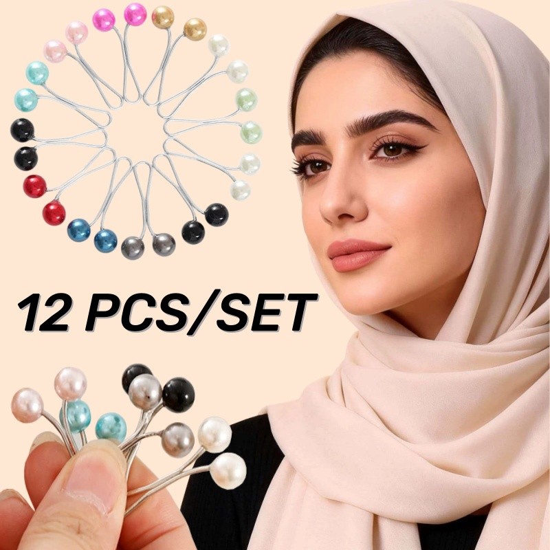 12Pcs/Set Tuspin Dagu Hijab GROSIR Klip Jilbab Mutiara Brooch Pearl Pin Tetap Jilbab