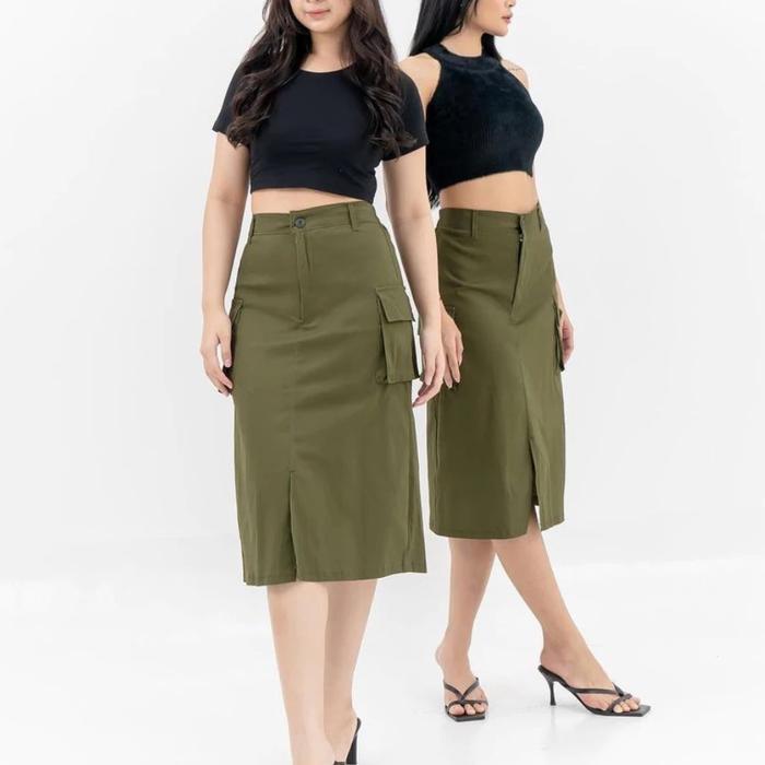 Rok Kargo Midi / Cassa Skirt Cargo Hhwaist 7/8 Karet Belakang - Army, Jumbo