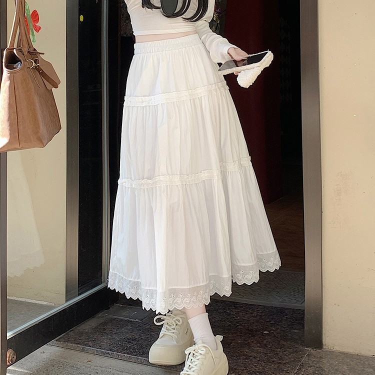 (KATUSAID) yikoo-Rok panjang mixi skirt rok korea rok renda putih murni wanita rok