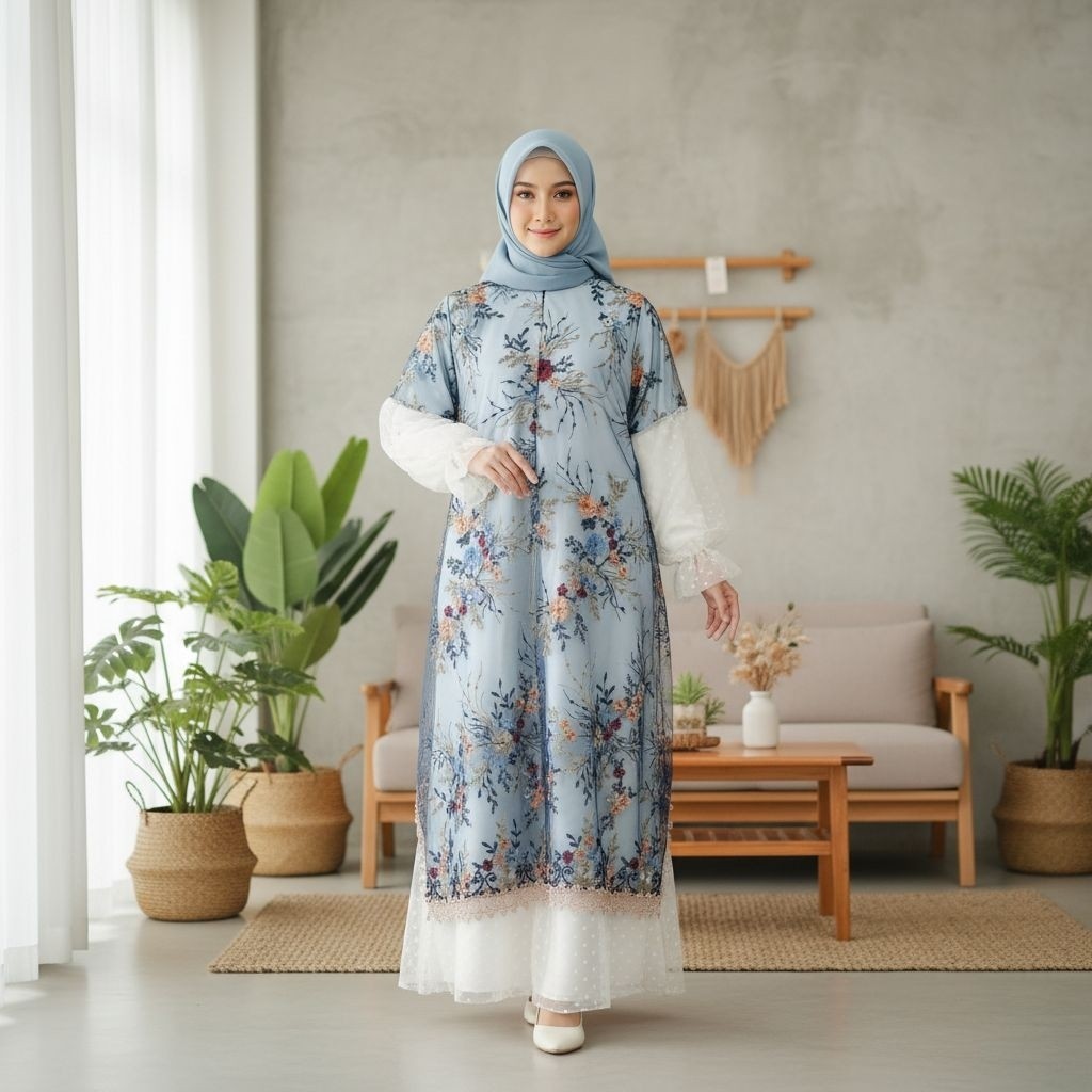 Gamis Pesta Brokat Bordir Bunga Biru Dusty – Dress Muslimah Mewah Kombinasi Tile