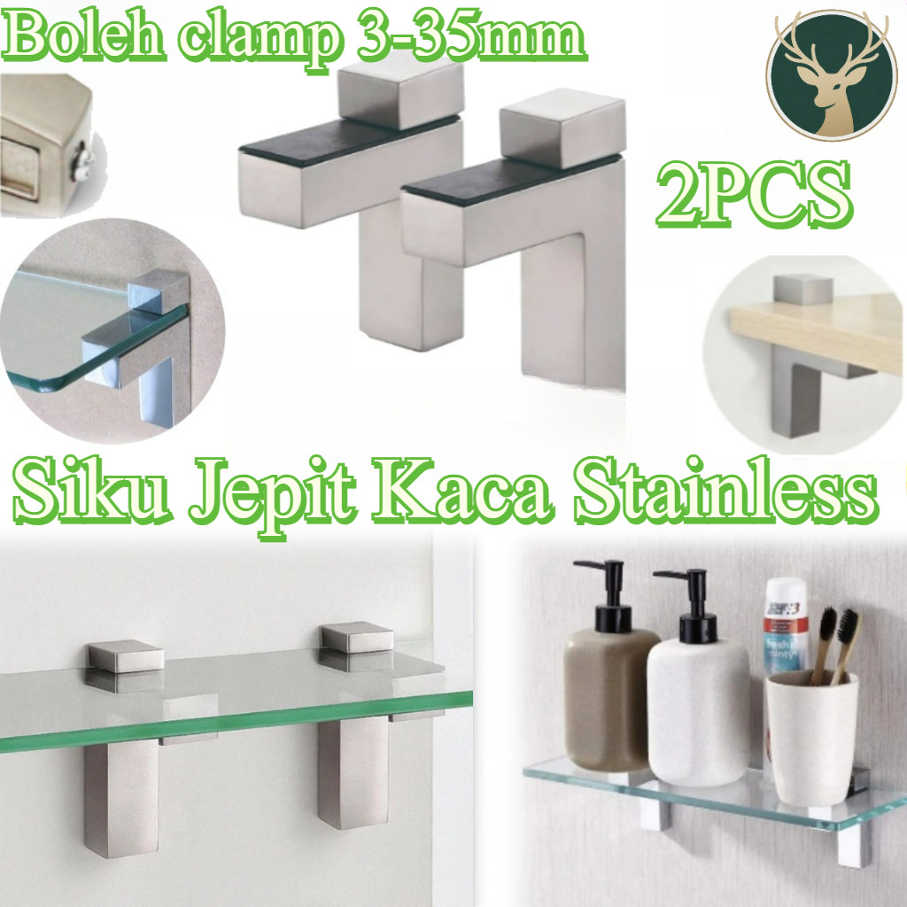 2 Pcs/Set Stainless Steel Penjepit Penopang Kaca Washtafel /Bracket Siku/ Jepit Kaca Ambalan Rak Sik