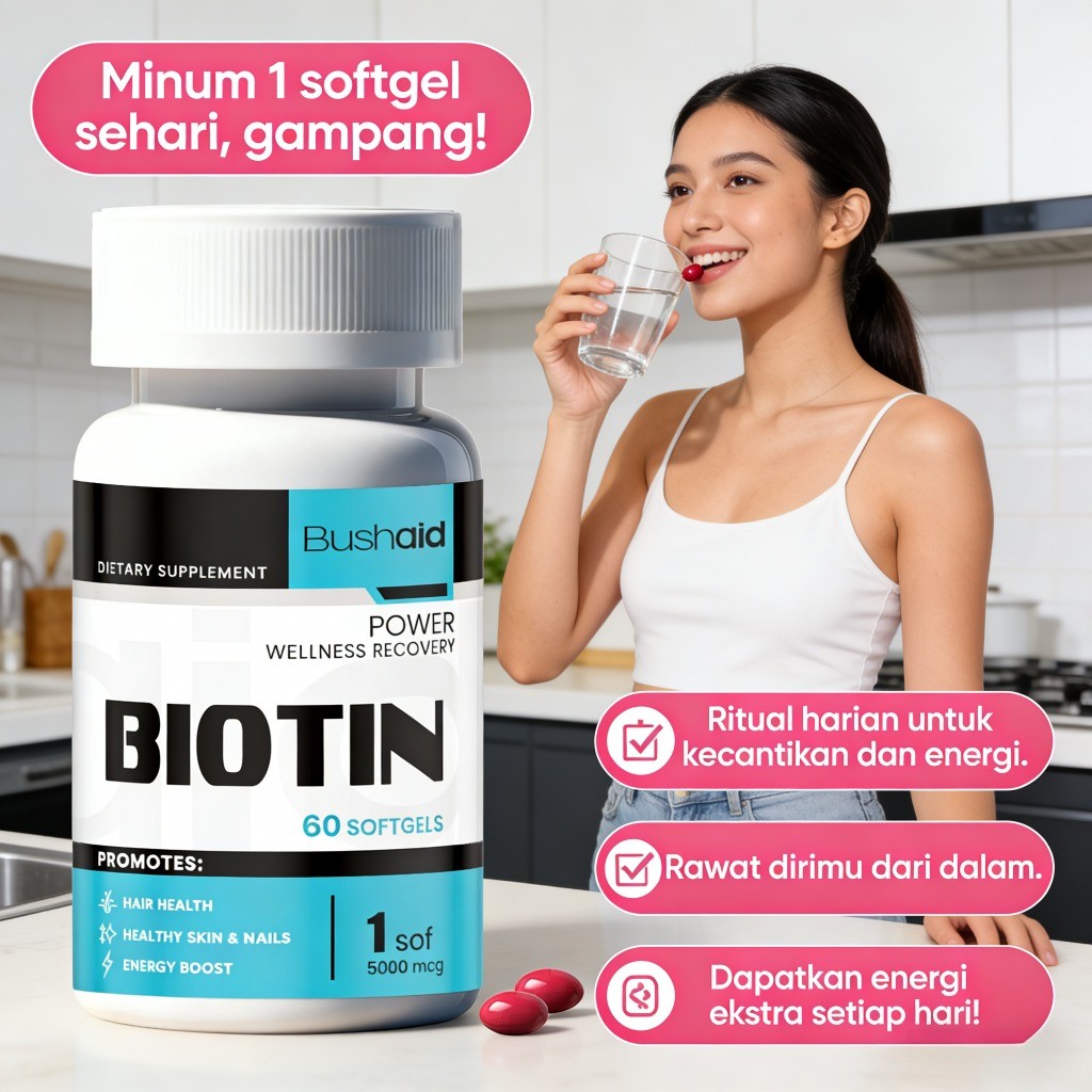 Bushaid Power Wellness Recovery Biotin 5000mcg – Vitamin B7 untuk Rambut, Kulit & Kuku Sehat 60 Soft