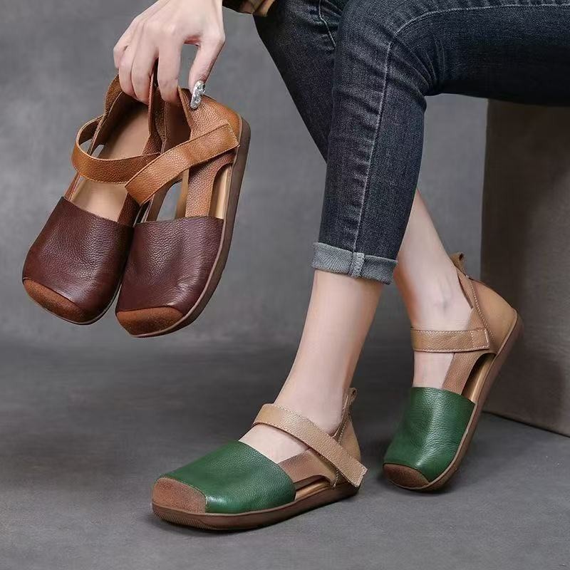 Sepatu datar dengan satu tali, warna kontras, ujung persegi, model sepatu ibu, sandal sol lembut den