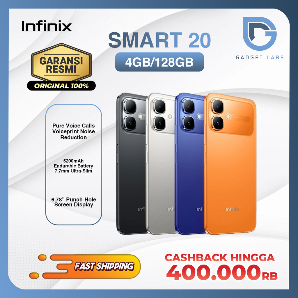 Infinix Smart 20 4/128GB - Up to 8GB Extended RAM - Garansi Resmi - Baterai Besar 5200 mAh - IP64