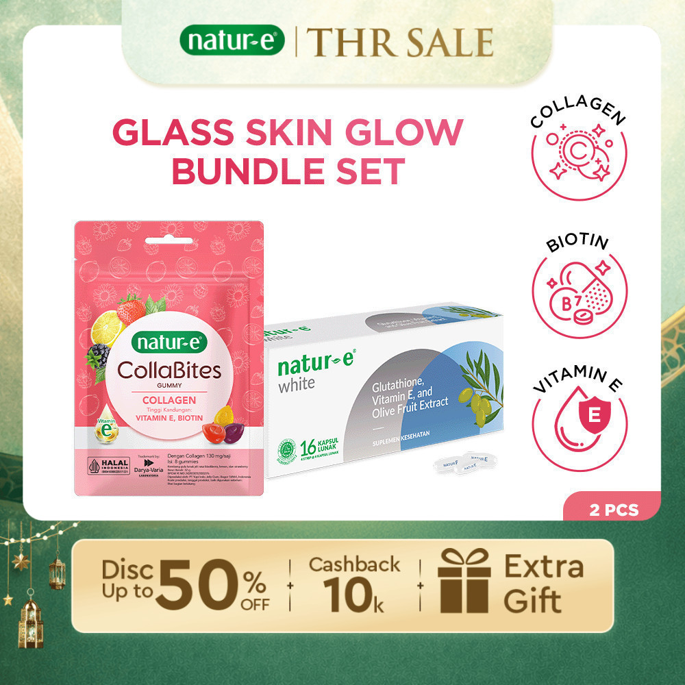 Natur-E Paket Glass Skin Glow - Collabites Pouch Gummy Collagen with Vitamin E & Biotin 1 Pouch + Wh