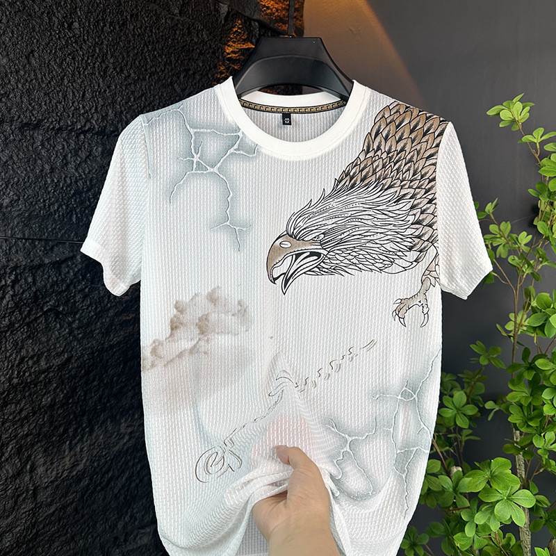 Baju lengan pendek sutra es baru T Kemeja leher bulat yang tipis dan modis dengan hiasan batu permat