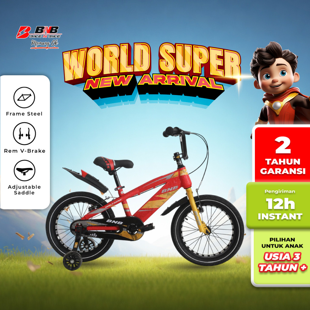 BNB (Bike N Bike) - Sepeda Anak Cowo Usia 3 - 10 Tahun Bmx World Super Ukuran 12 16 18 inch