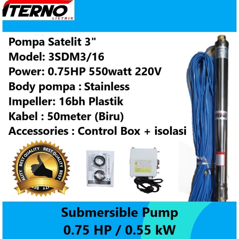 Pompa Satelit Submersible 3 inch 0.75Hp 0.55kw Iterno kabel biru 50m