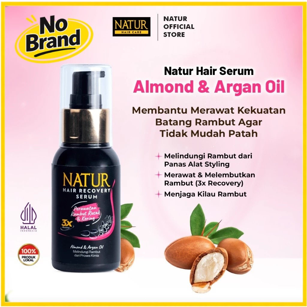 NATUR Hair Recovery Serum Almond & Argan Oil 60ml | Serum Rambut Perawatan Melembabkan Rambut Rusak 