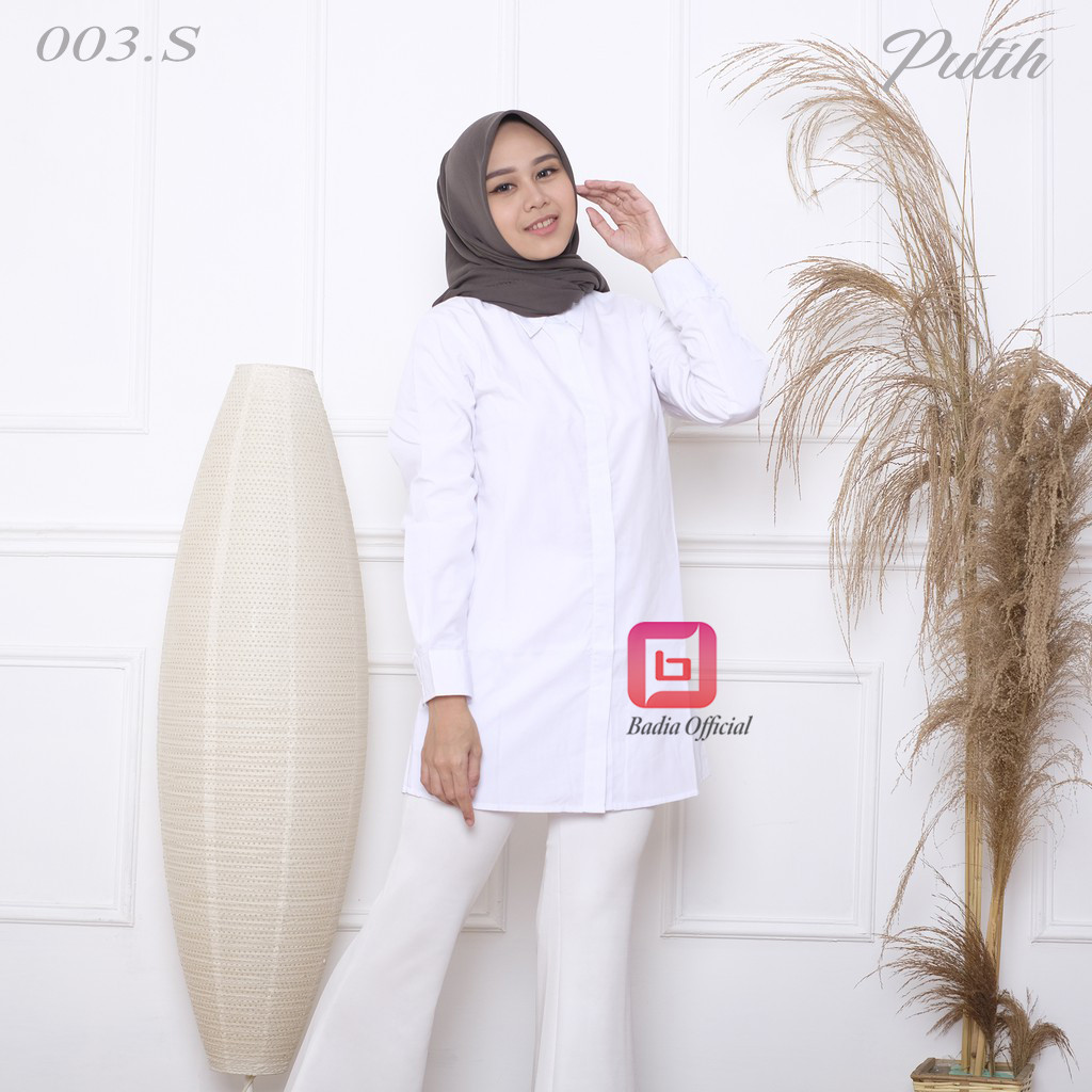 kemeja tunik putih / kemeja tunik hitam polos panjang kancing nututupi pantat bokong sampai jumbo wa