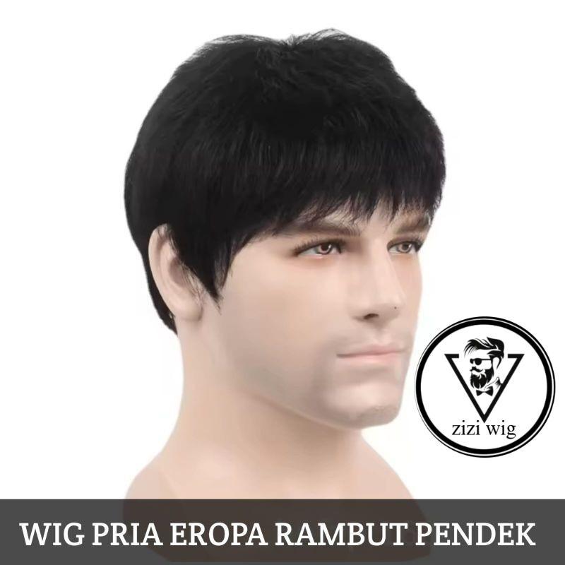 Wig Pria Eropa Rambut Pendek Warna Hitam Full Wig Rambut Palsu Pria Rambut Pendek Poni Pendek Wig Si