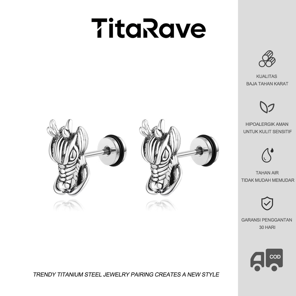 TitaRave Anting Telinga Kuku Titanium Baja Pria Retro Kepala Naga Hip Hop Punk Anting Tindik Wanita