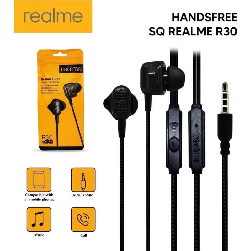[ GROSIR ] HF HEADSET HANSFREE REALME R-30 EARPHONE + MIC EXTRA SUPER BASS MUSIC JERNIH Headset Harg