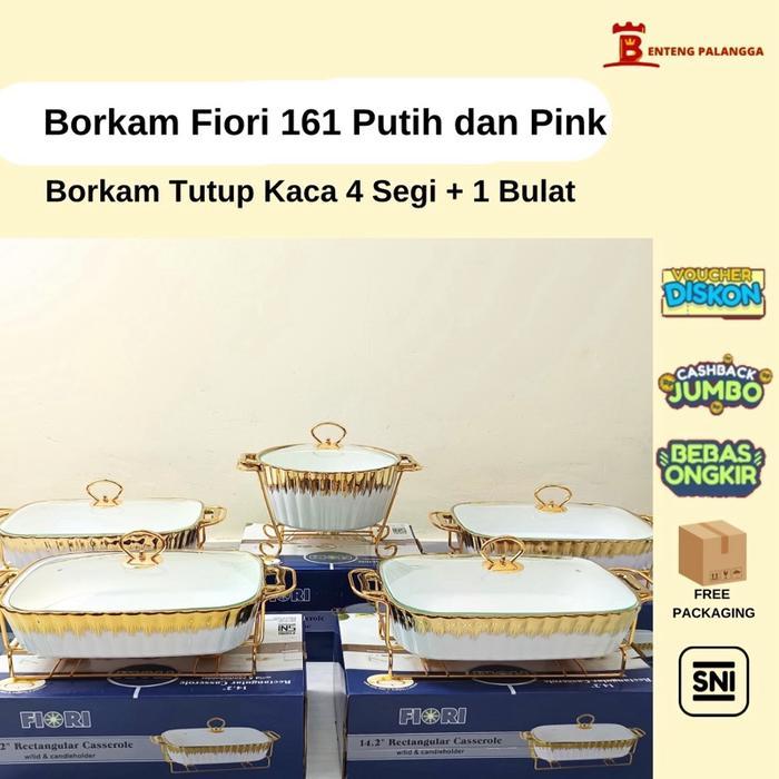 Borkam Fiori 161 Tutup Kaca 4 Segi + 1 Bulat Ukuran Normal Besar/ Prasmanan Makanan Pesta Keramik Ca