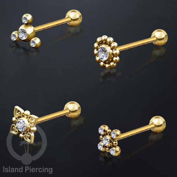 Anting tindik Lidah Stainless warna gold dengan kristal zircon. Crystal Tongue Piercing