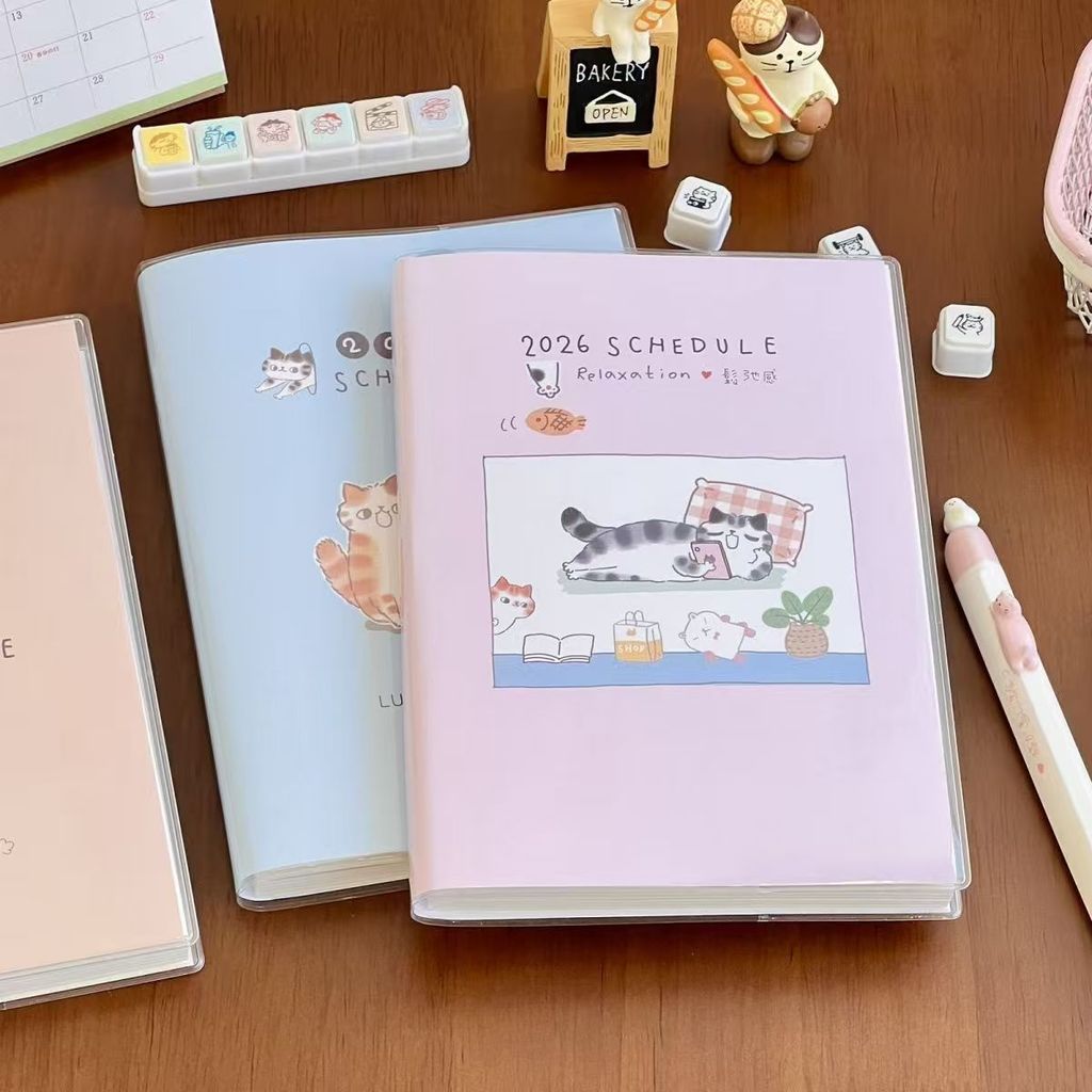 2026 Cute Cat Planner B6 Notebook Kawaii Student Schedule with Color Pages,  Aesthetic Journal for S