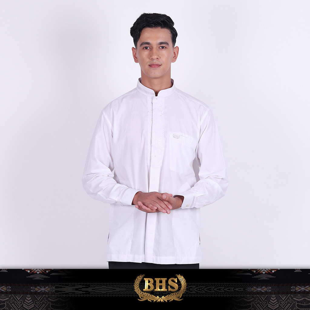 Baju Koko BHS Classic Motif Hamzah Putih Baju Muslim BHS