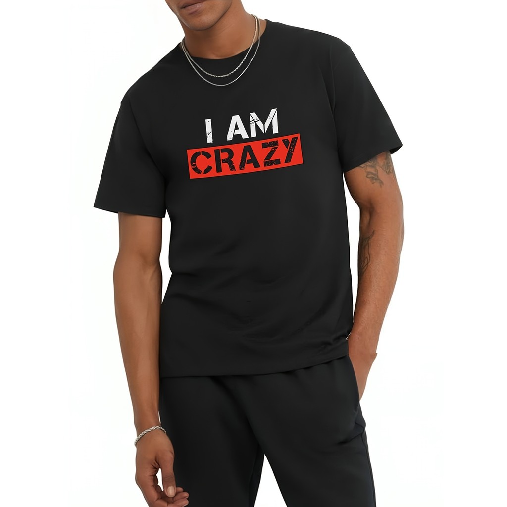 Kaos Pria Motif Tulisan "I'm Crazy", Ukuran Oversize