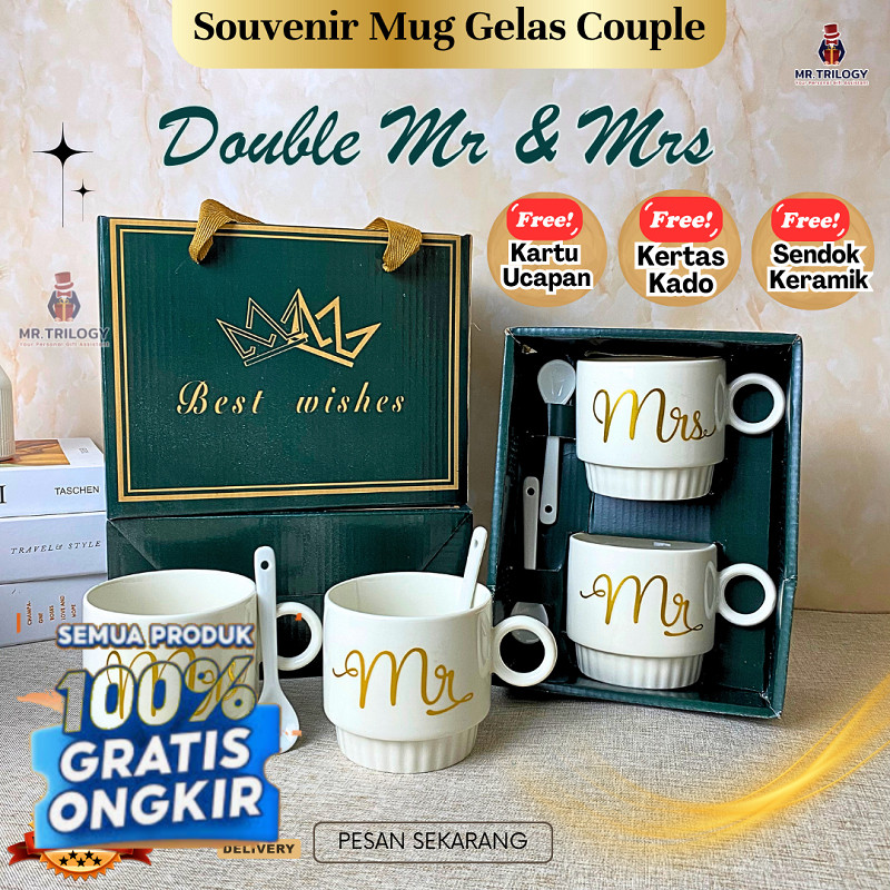Souvenir Premium Mug Gelas Couple Fullset with Box Peralatan Minum Double Mr Mrs Hampers Natal Gift 