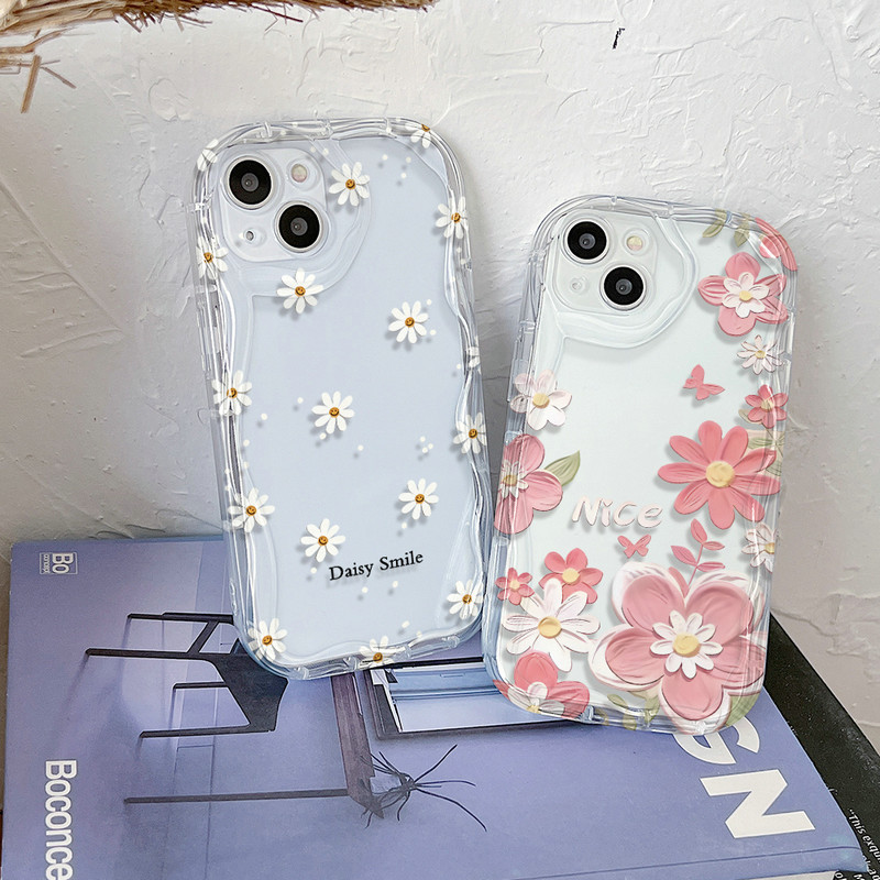 Transparan Gelombang Casing Motif Segar Bunga Untuk iPhone 15 14 13 12 11 Pro X XR Xs Max 6 6s 7 8 P