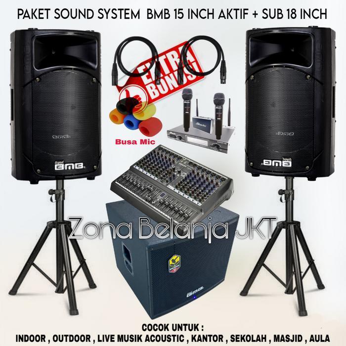 Paket Sound System Indoor Outdoor Speaker BMB 15 Inch Aktif + Subwoofer 18 Inch Aktif Mixer 12 Chann