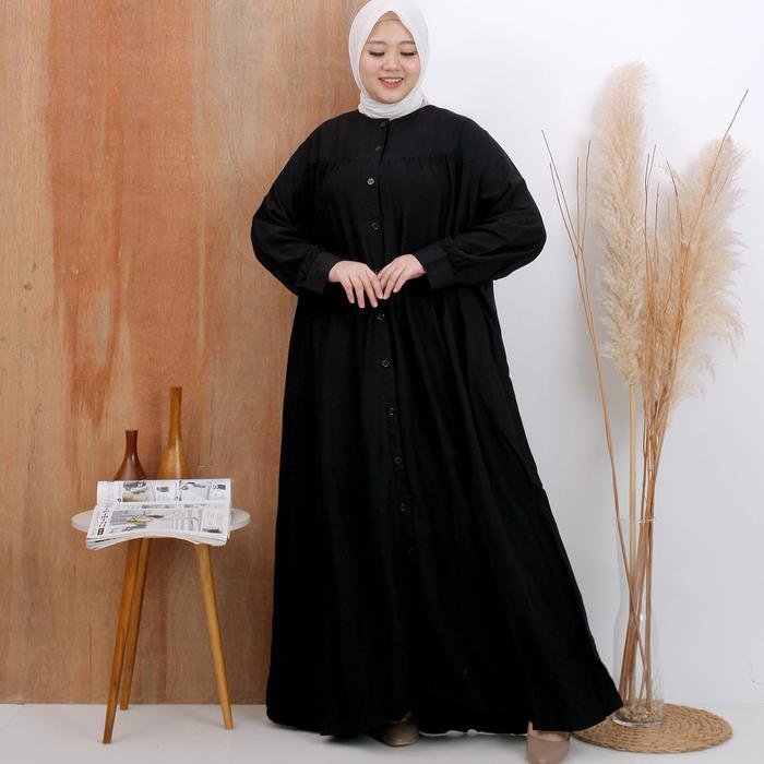 Gamis Jumbo Wanita Warna Hitam Ld 130 Dan Ld 140 Cm Model Polos Kekinian Kancing Muslim - Black, 4XL